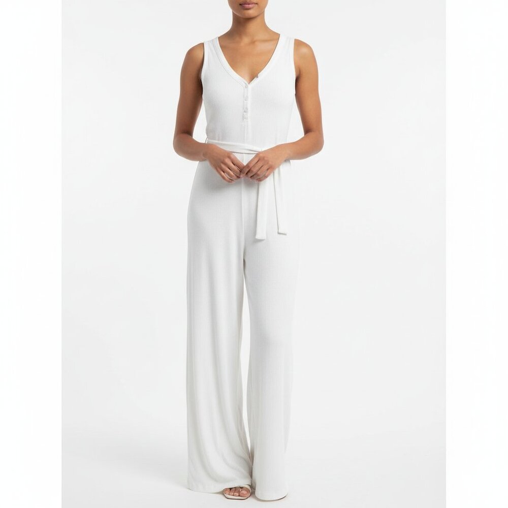 NWT Bobi‎ Los Angeles Cream Ribbed Belted Sleeveless Jumpsuit – Women’s Small